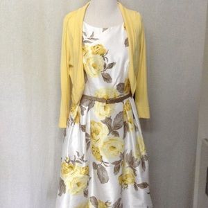 White dress with yellow roses and yellow sweater
